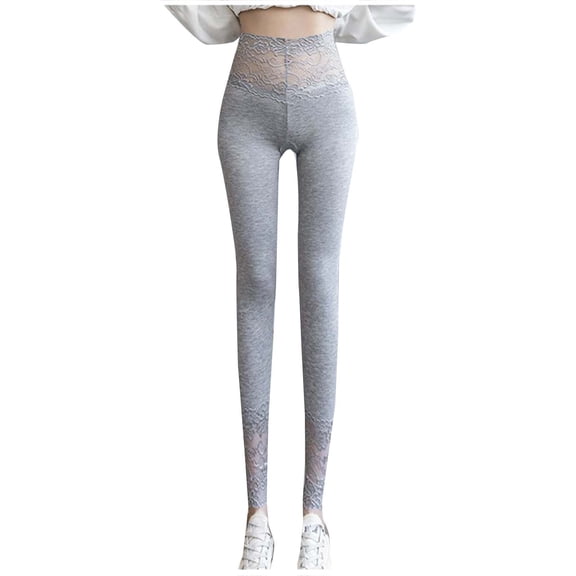 Women Leggings Solid Color Lace High Waist Elastic Casual Slim Fitting Skinny Tights Pants Linen Dress Pants Women Gray XL