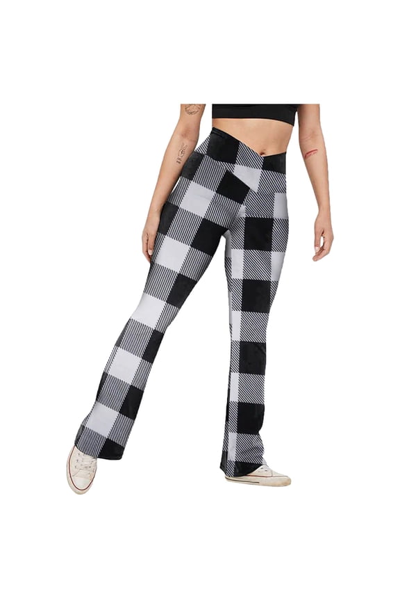 Women Leggings Tummy Control Plaid Print High Waist Elastic No-See Through Flare Yoga Pants,Black,2XL