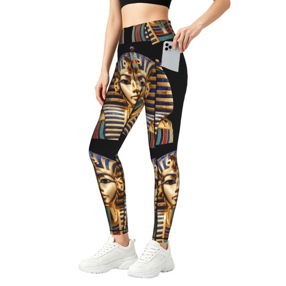 Women Leggings with Pockets King Pharaoh Tutankhamun Egypt Tut EgyptianTummy Control High Waisted Yoga Pants Workout Small