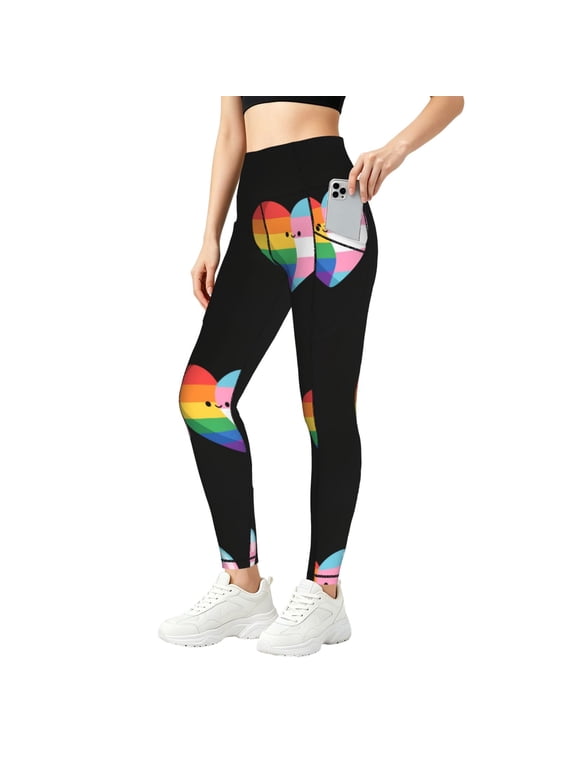 Women Leggings with Pockets Rainbow And Transgender Flag HeartTummy Control High Waisted Yoga Pants Workout Small