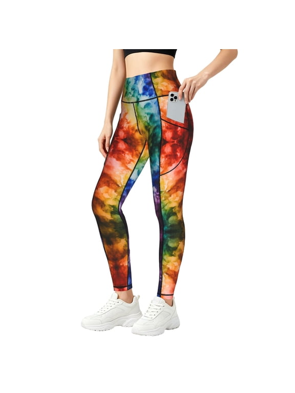 Women Leggings with Pockets Rainbow ColoredTummy Control High Waisted Yoga Pants Workout Small
