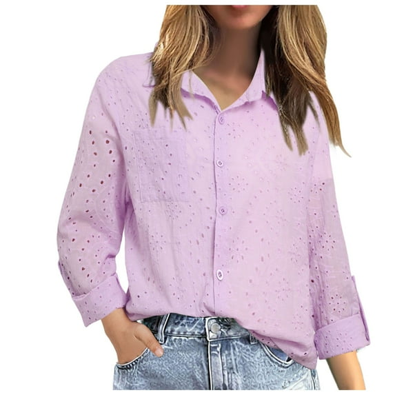 Women Leisure Shirts Fashion Solid Color Floral Embroidered Long Selevee Lapel Classic Fit Shirt