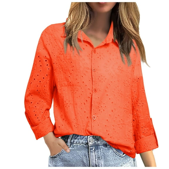 Women Leisure Shirts Fashion Solid Color Floral Embroidered Long Selevee Lapel Classic Fit Shirt