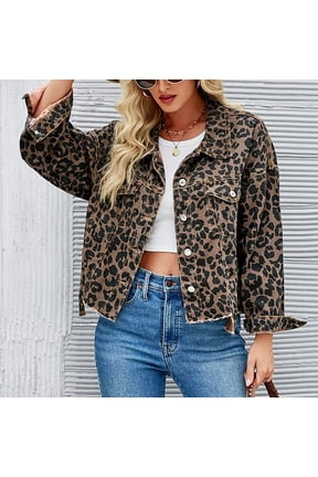Women Leopard Cheetah Print Jackets Loose Fit Button Denim Jackets Winter Fall Coats (Brown S)