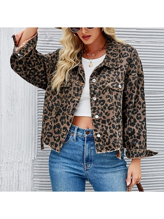 Women Leopard Cheetah Print Jackets Loose Fit Button Denim Jackets Winter Fall Coats (Brown S)