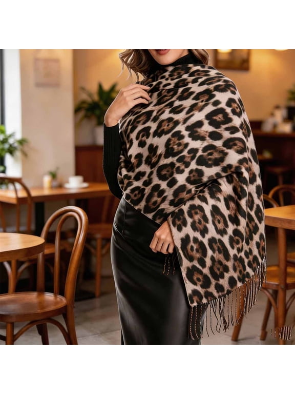 Women Leopard Fringed Shawl Wrap with Cozy Soft Tassel Casual Winter Poncho Scarf M