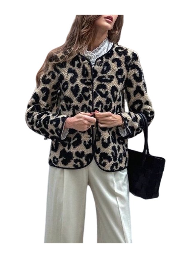 Women Leopard Fuzzy Fleece Coat Collarless Button Down Winter Crop Jacket Leopard Color XL