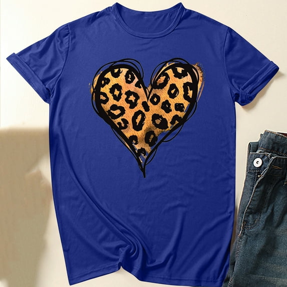 Women Leopard Heart Tops Short Sleeve Tshirts Loose Basic Tee Tshirt Round Neck Outfit Summer 2025