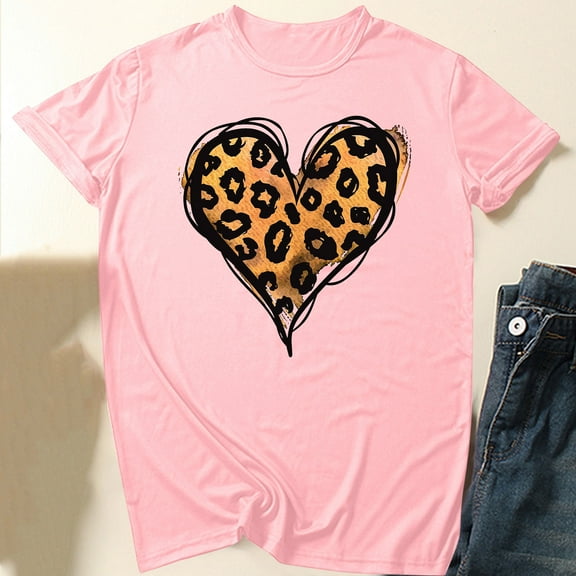 Women Leopard Heart Tops Short Sleeve Tshirts Loose Basic Tee Tshirt Round Neck Outfit Summer 2025