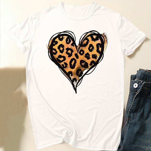 Women Leopard Heart Tops Short Sleeve Tshirts Loose Basic Tee Tshirt Round Neck Outfit Summer 2025