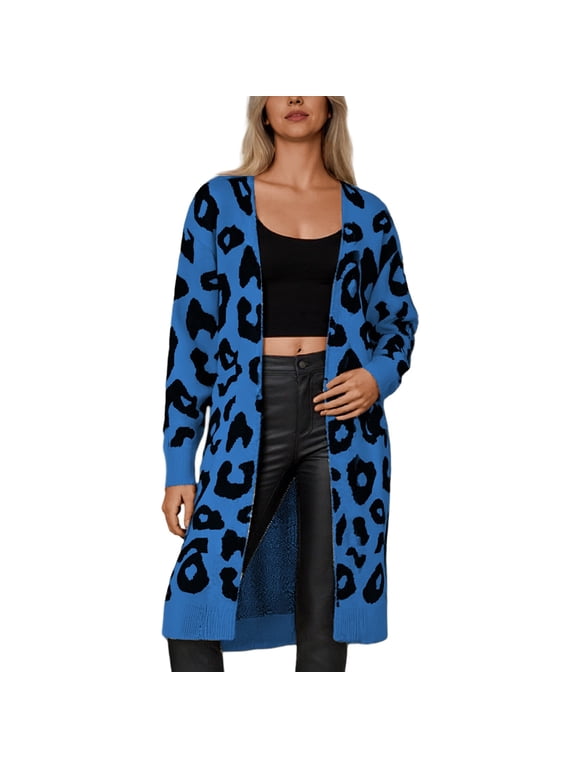 Women Leopard Long Cardigan Sweater Open Front Print Loose Knit Coat Knitted Outwear Jumper with Pockets