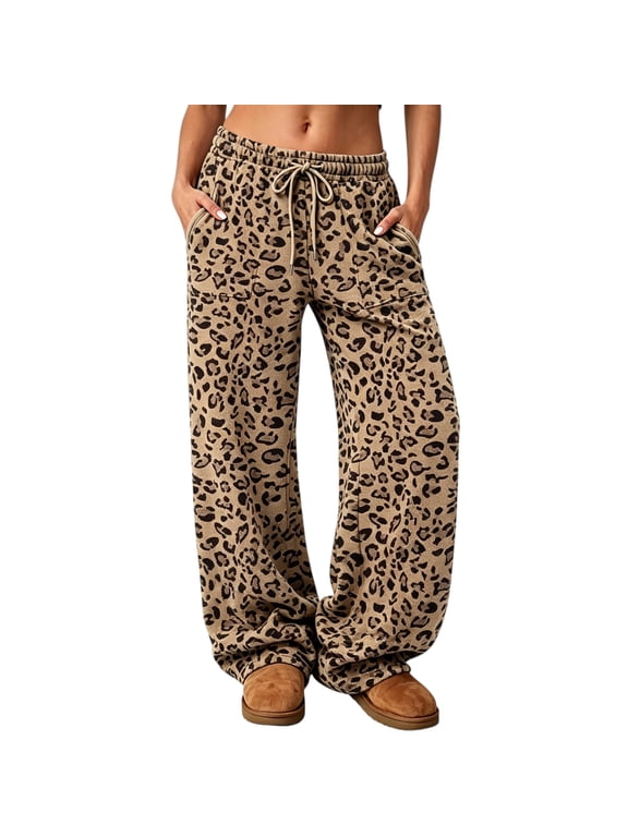 Women Leopard Pants Baggy Wide Leg Sweatpants Fall Y2K Lounge Sweat Pants Wide Leg Sweats Fall Outfits for Women