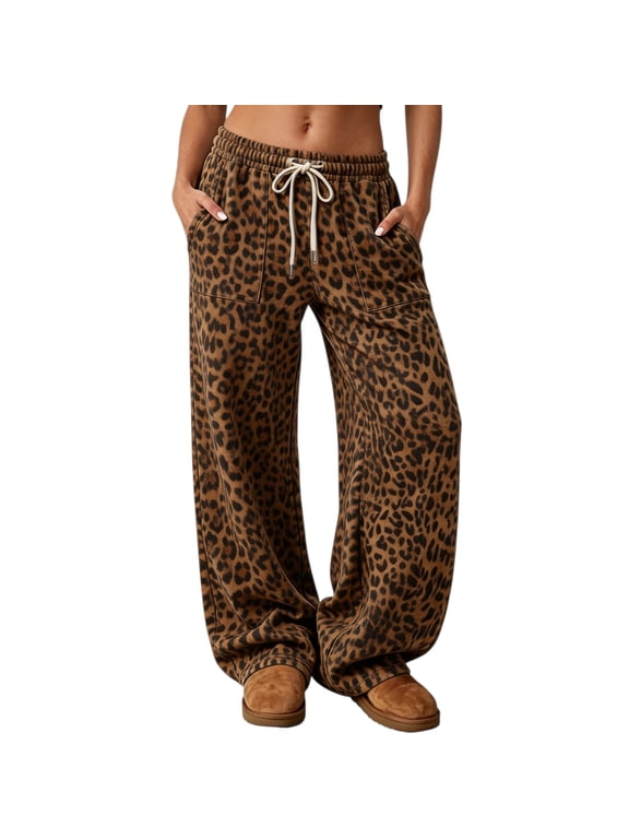 Women Leopard Pants Baggy Wide Leg Sweatpants Fall Y2K Lounge Sweat Wear Cheetah Pants for Women with Pockets