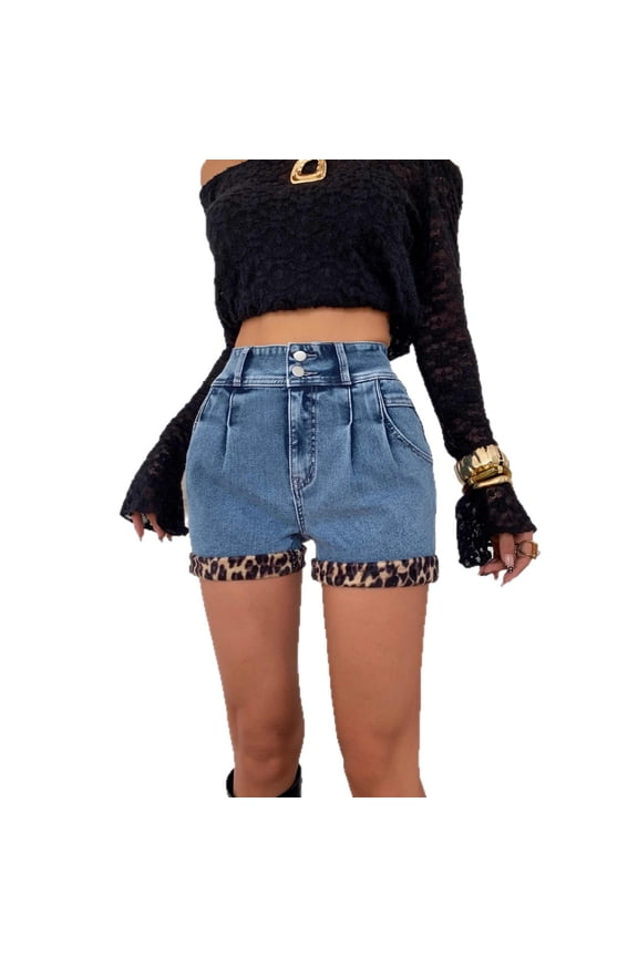 Women Leopard Patchwork Washed Distressed Denim Shorts