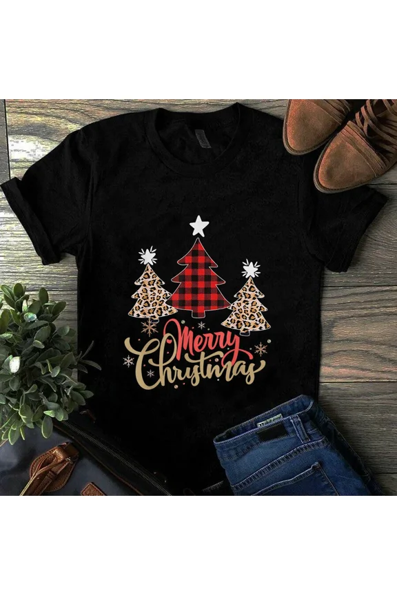 Women Leopard Plaid Christmas Tree Merry Christmas TShirt
