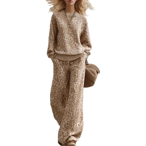 Women Leopard Print 2 Piece Outfit, Crew Neck Pullover Top, High Waist Wide Leg Pants Loungewear Set with Pockets, Medium
