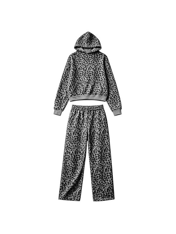 Women Leopard Print 2‑Piece Outfit Pullover Hooded Sweatshirt Wide Leg Pants Matching Loungewear Pant Set Casual Tracksuit S‑XXXL