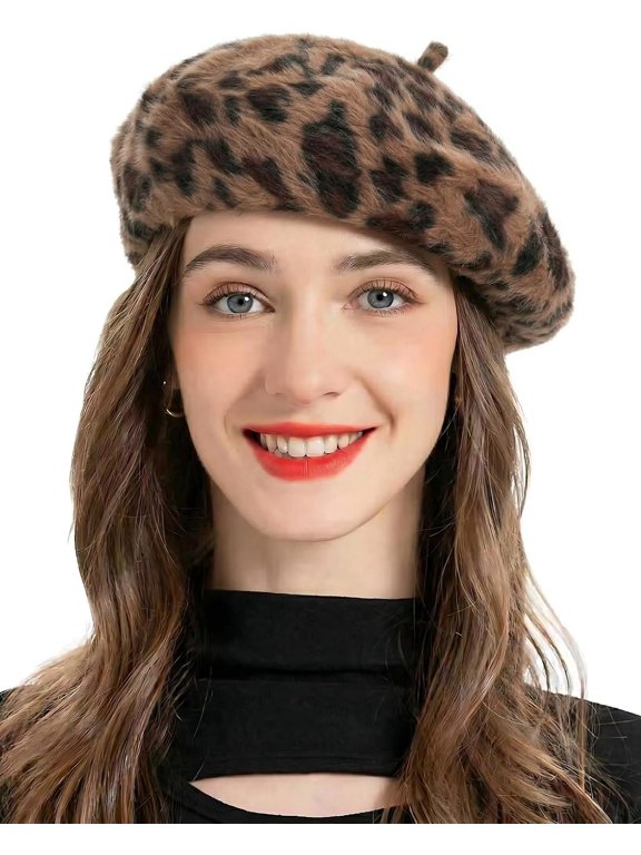 Women Leopard Print Beret Hat Fuzzy Beret Artist