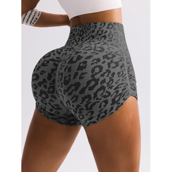 Women Leopard Print Biker Shorts High Waist Ruched Butt Lifting Yoga Shorts Stretch Tummy Control Workout Athletic Shorts