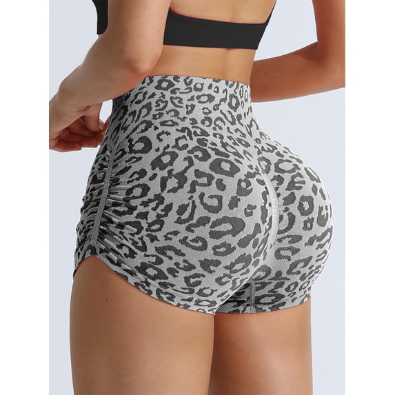 Women Leopard Print Biker Shorts High Waist Ruched Butt Lifting Yoga Shorts Stretch Tummy Control Workout Athletic Shorts