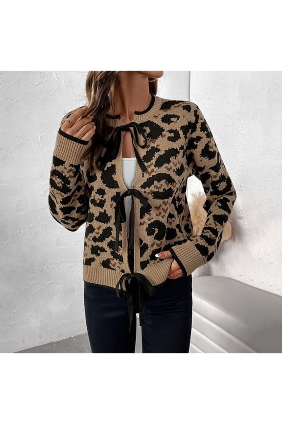 Women Leopard Print Bow Knit Cardigan Sweaters Bow Tie Front Crew Neck Long Sleeve Drawstring Cardigan Coats Animal Print Kimonos for Women Come Mono Cardigan Light Weight Sweaters for Women Open