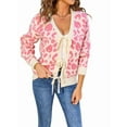 thumbnail image 1 of Women Leopard Print Bow- Tie Cardigan Long Sleeve Crewneck Open Front Knit Cardigan Casual Loose Outwear Pink L, 1 of 8
