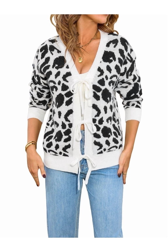 Women Leopard Print Bow- Tie Cardigan Long Sleeve Crewneck Open Front Knit Cardigan Casual Loose Outwear White S