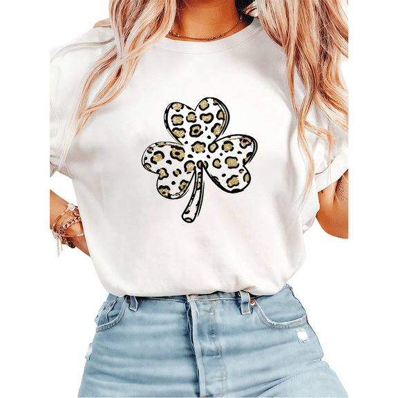 Women Leopard Print Clover Cotton Graphic Tee Round-neck Printed Cotton T Shirt White S-5XL