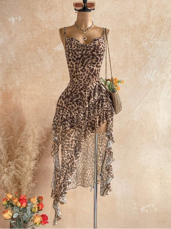 Women Leopard Print Cowl Neck Cami Maxi Dress Ruffle Asymmetric Hem Dress for Date Night Party