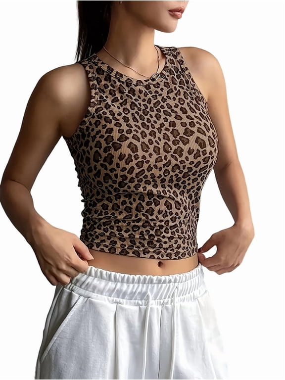 Women Leopard Print Crop Tank Top Sleeveless Slim Crew Neck Shirts Casual Cheetah Going Out Top Dark Brown L