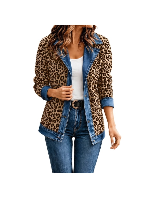 Women Leopard Print Denim Jacket Retro Style Long Sleeve Casual Short Outerwear Coat for Fall Streetwear
