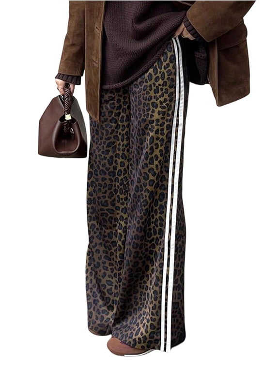Women Leopard Print Elastic High Waist White Side Piping Loose Wide Leg Streetwear Long Pants Dark Brown L
