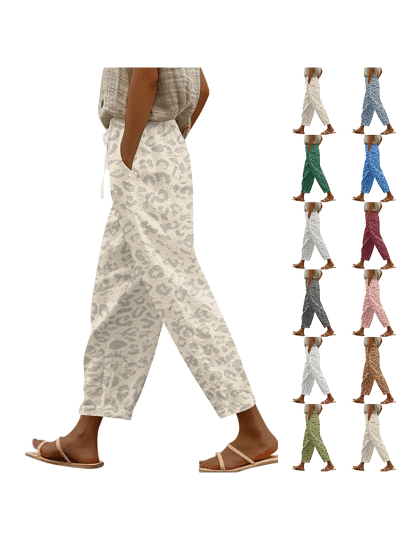 Women Leopard Print Elastic Waist Harem Pants Side Pocket Ankle Length Casual Trousers Beige XL