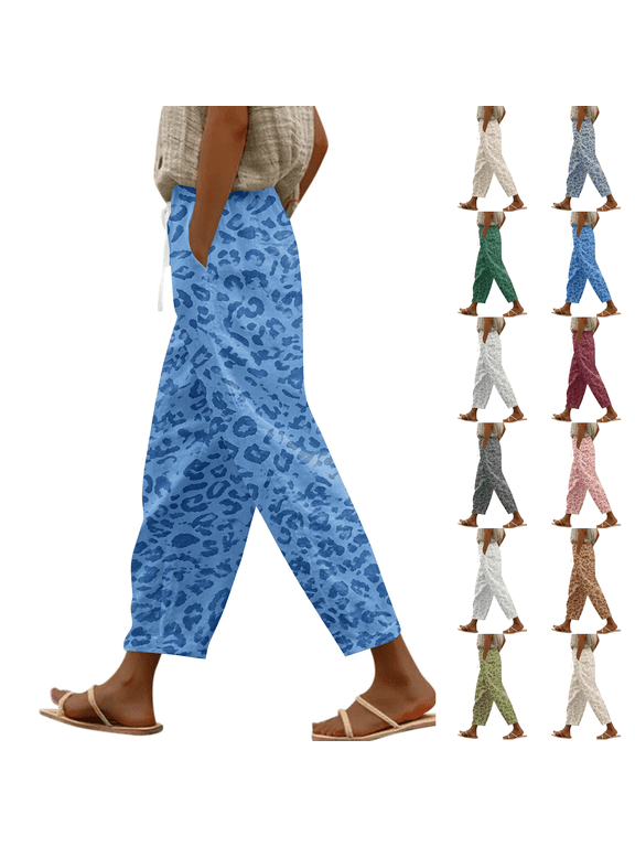 Women Leopard Print Elastic Waist Harem Pants Side Pocket Ankle Length Casual Trousers Blue S