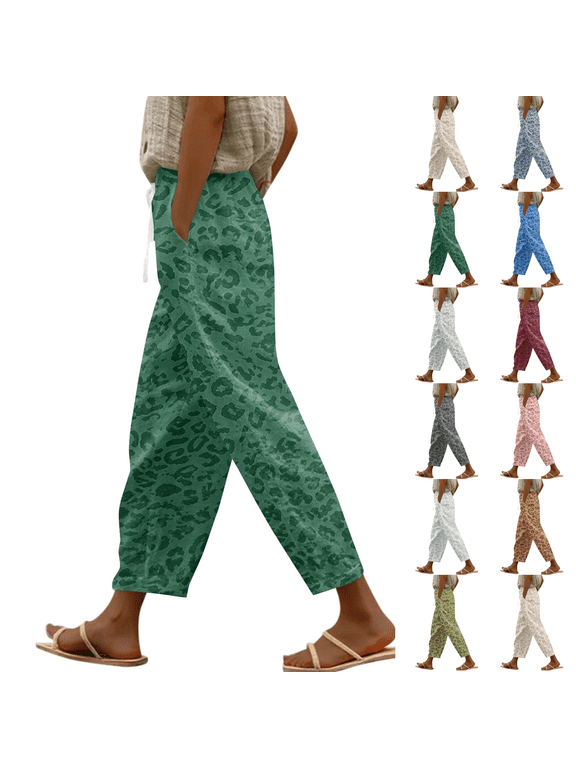 Women Leopard Print Elastic Waist Harem Pants Side Pocket Ankle Length Casual Trousers Dark Green XL
