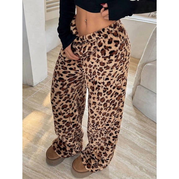 Women Leopard Print Elastic Waist Wide Leg Pants Loose Flowy Trousers for Vacation Daily Wear