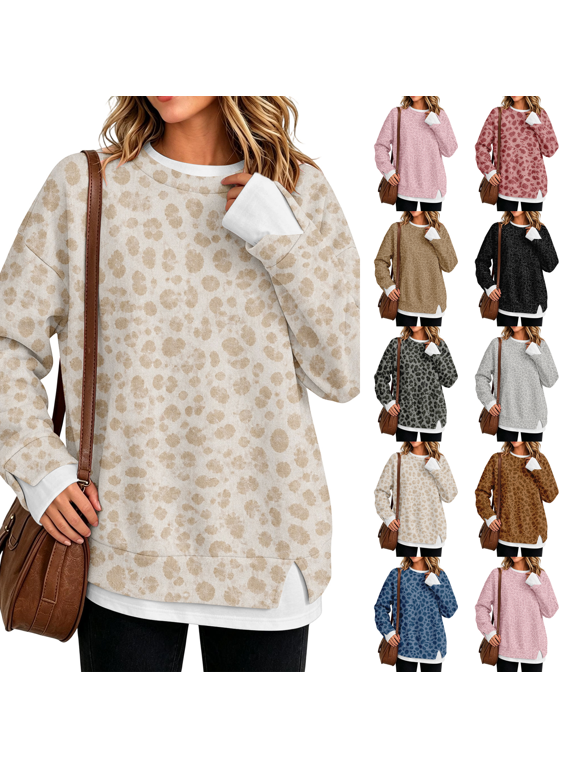 Women Leopard Print Fake 2 Piece Sweatshirt Crewneck Long Sleeve Split Hem Pullover Top Khaki S