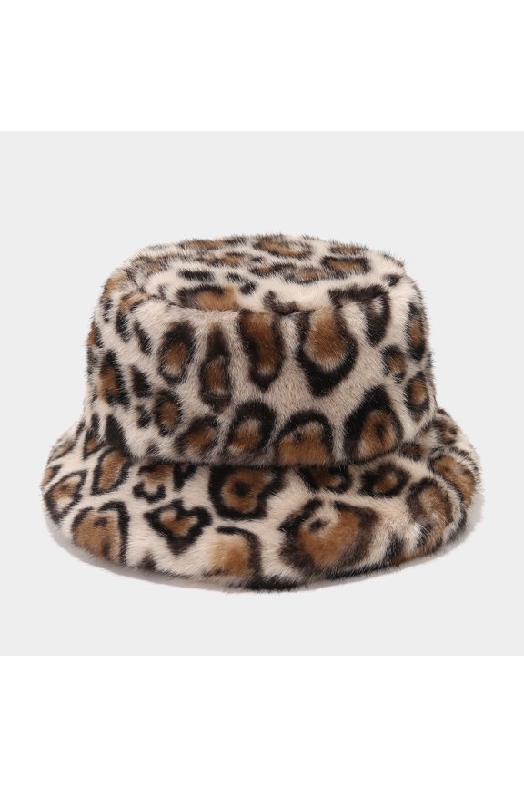 Women Leopard Print Faux Fur Bucket Hat Wide Brim Warm Fashion Winter Hat