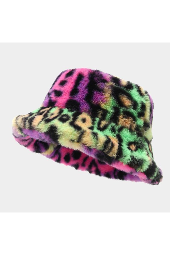 Women Leopard Print Faux Fur Bucket Hat Wide Brim Warm Fashion Winter Hat