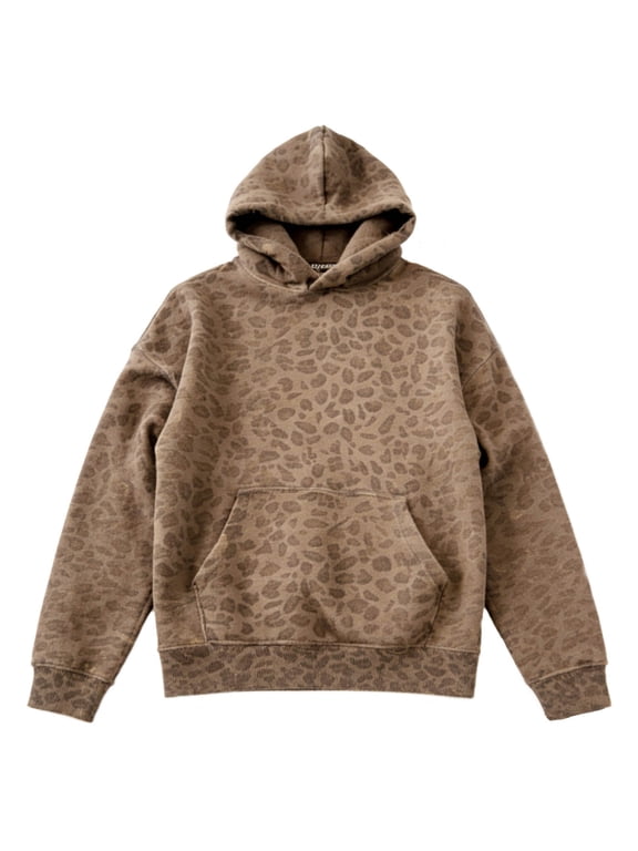 Women Leopard Print Lined Pullover Hoodie Sweatshirt with Pouch Pocket