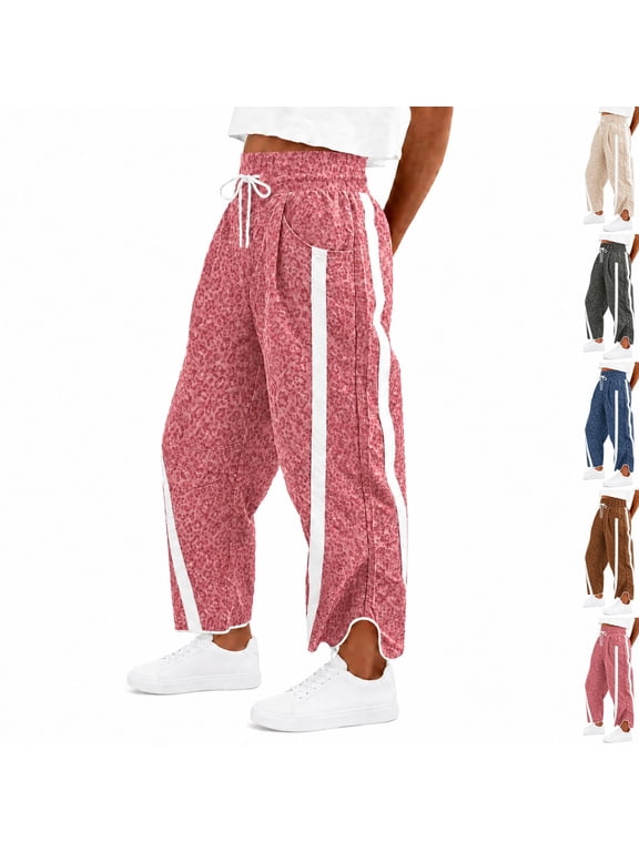 Women Leopard Print Harem Pants High Waist Elastic Drawstring Loose Tapered Pants with Side Stripe Trendy Irregular Hem Casual Streetwear Trousers Pink S