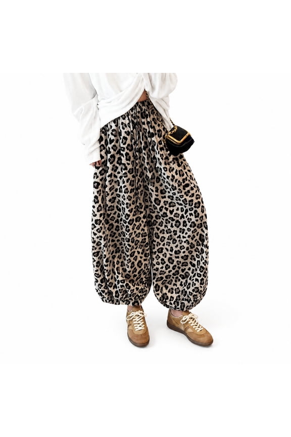 Women Leopard Print Harem Pants, Loose Wide Leg Casual Jogger Pants with Elastic Waist