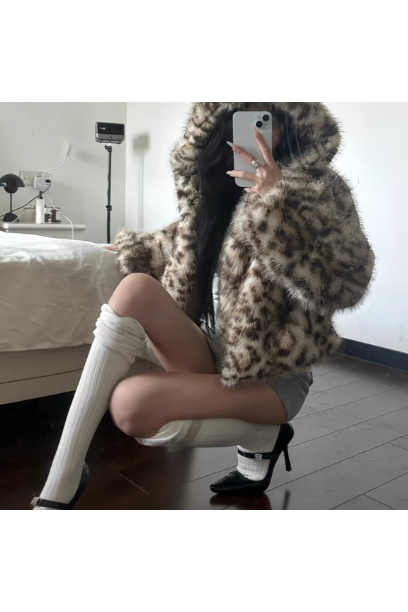 Women Leopard Print Hooded Short Coat Warm Autumn Winter Loose Fit Jacket