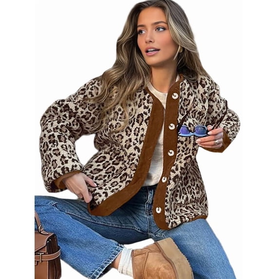 Women Leopard Print Jacket Casual Fuzzy Button Down Long Sleeve Fall Winter Coat Outerwear Color Pattern L