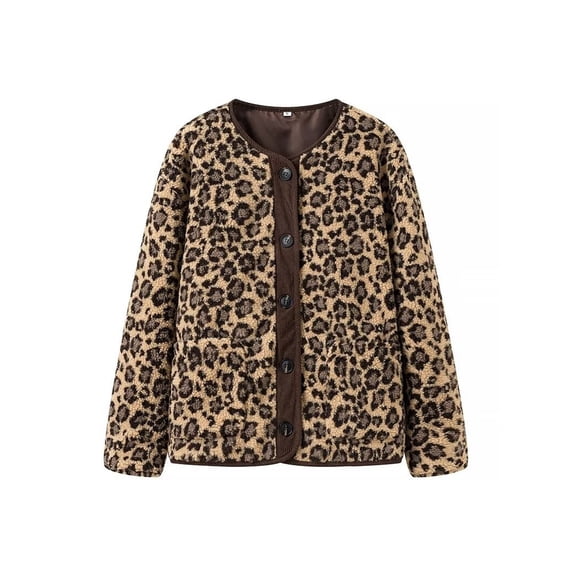 Women Leopard Print Jacket Casual Fuzzy Button Down Long Sleeve Fall Winter Coat Outerwear Yellow S