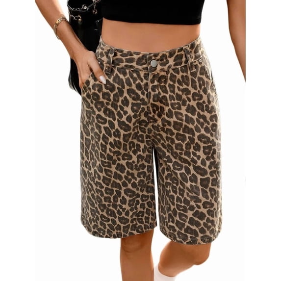 Women Leopard Print Jorts Cheetah Pants Denim Shorts Wide Leg Jeans Y2k Shorts Pants XL