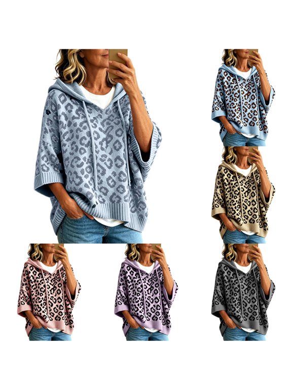 Women Leopard Print Knit Hoodie with Drawstring, Relaxed Fit Pullover Sweater, Casual Knitwear Top