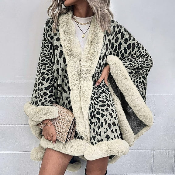 Women Leopard Print Knit Shawl Cardigans Open Front Faux Fur Trim Layers Poncho Cape Evening Wraps Sweater Coats