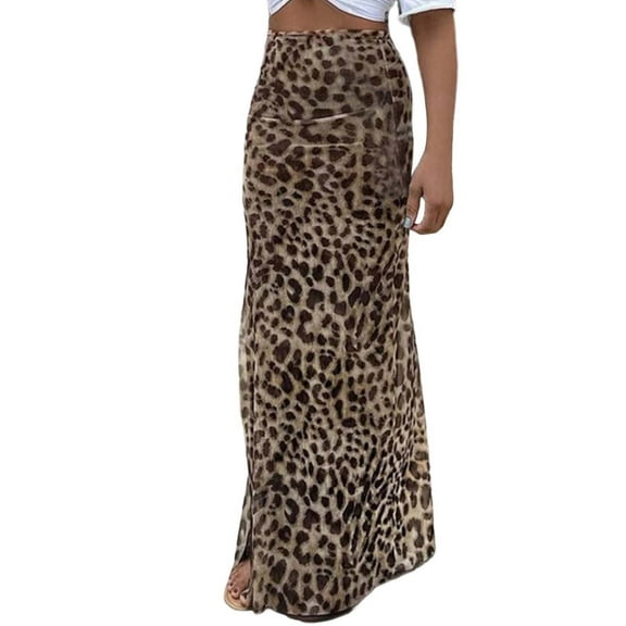 Women Leopard Print Long Skirt Trendy Stretchy Flowy Maxi Spring Summer Fall Brown Skirt M
