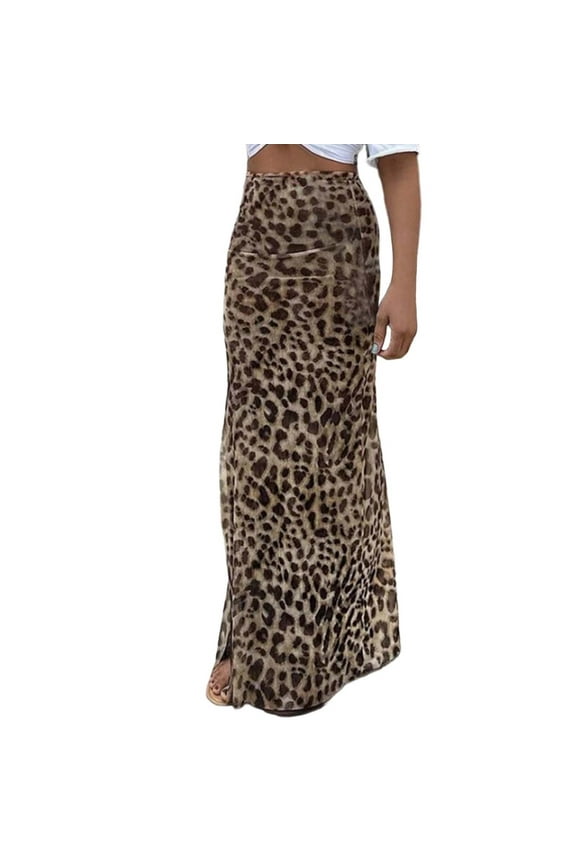 Women Leopard Print Long Skirt Trendy Stretchy Flowy Maxi Spring Summer Fall Brown Skirt XL